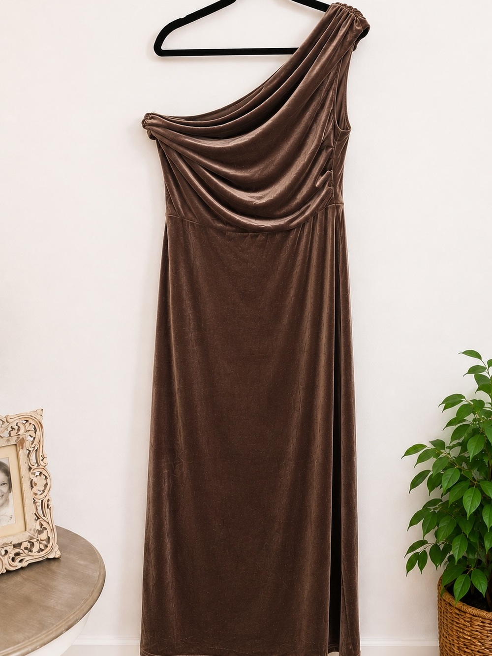 Astr Velvet Draped Off Shoulder Dress in Cocoa Brown